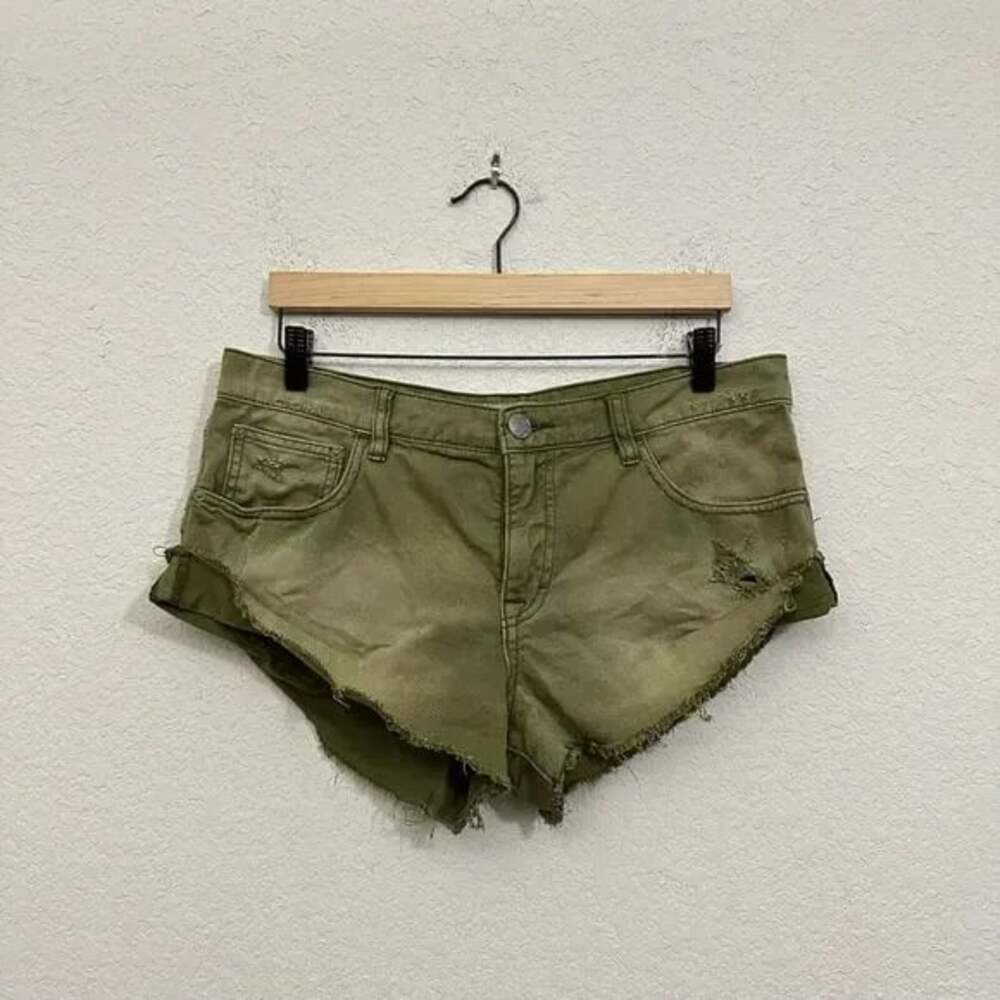 Free People Olive Green Raw Hem Distressed Denim Shorts - Picture 2 of 2